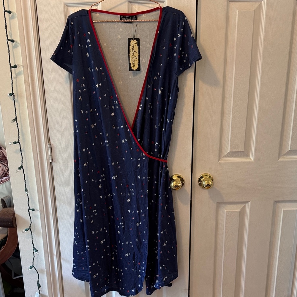 Navy Wrap Dress with Red Trim